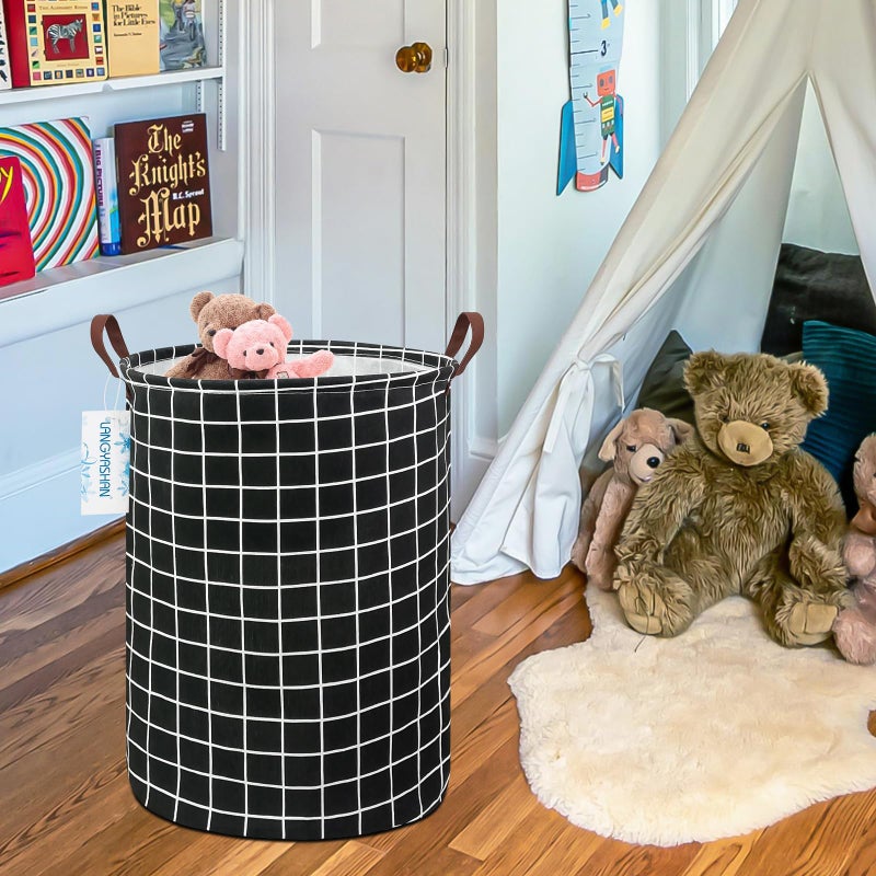 LANGYASHAN Laundry Basket Canvas Fabric Collapsible Organizer Basket for Storage Bin Toy Bins Gift Baskets Bedroom Clothes Children Nursery Hamper (Black Grid) - Image 5